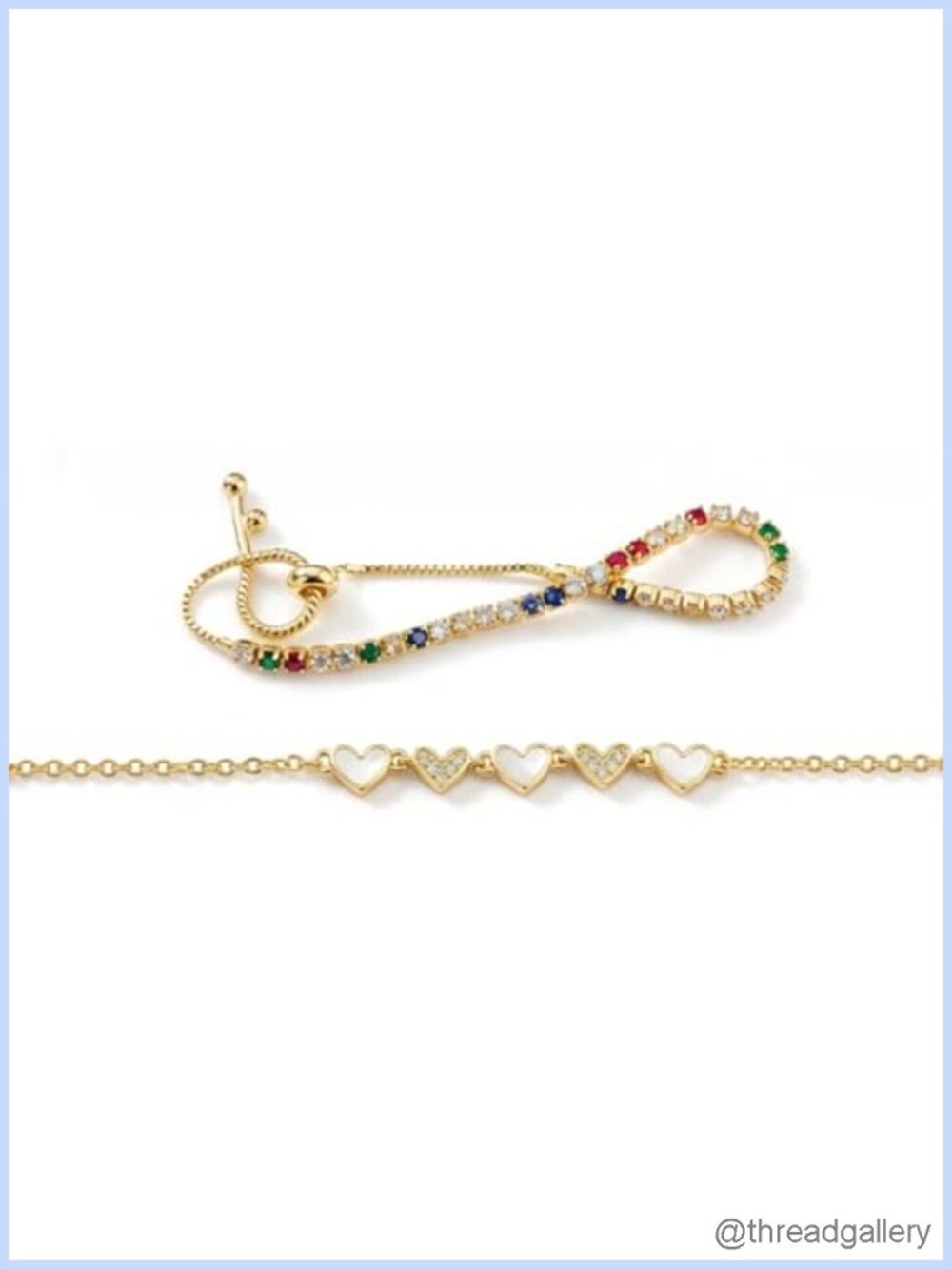 2 Pc Adjustable Tennis Bracelet Set 14K Gold Plated CZ Heart